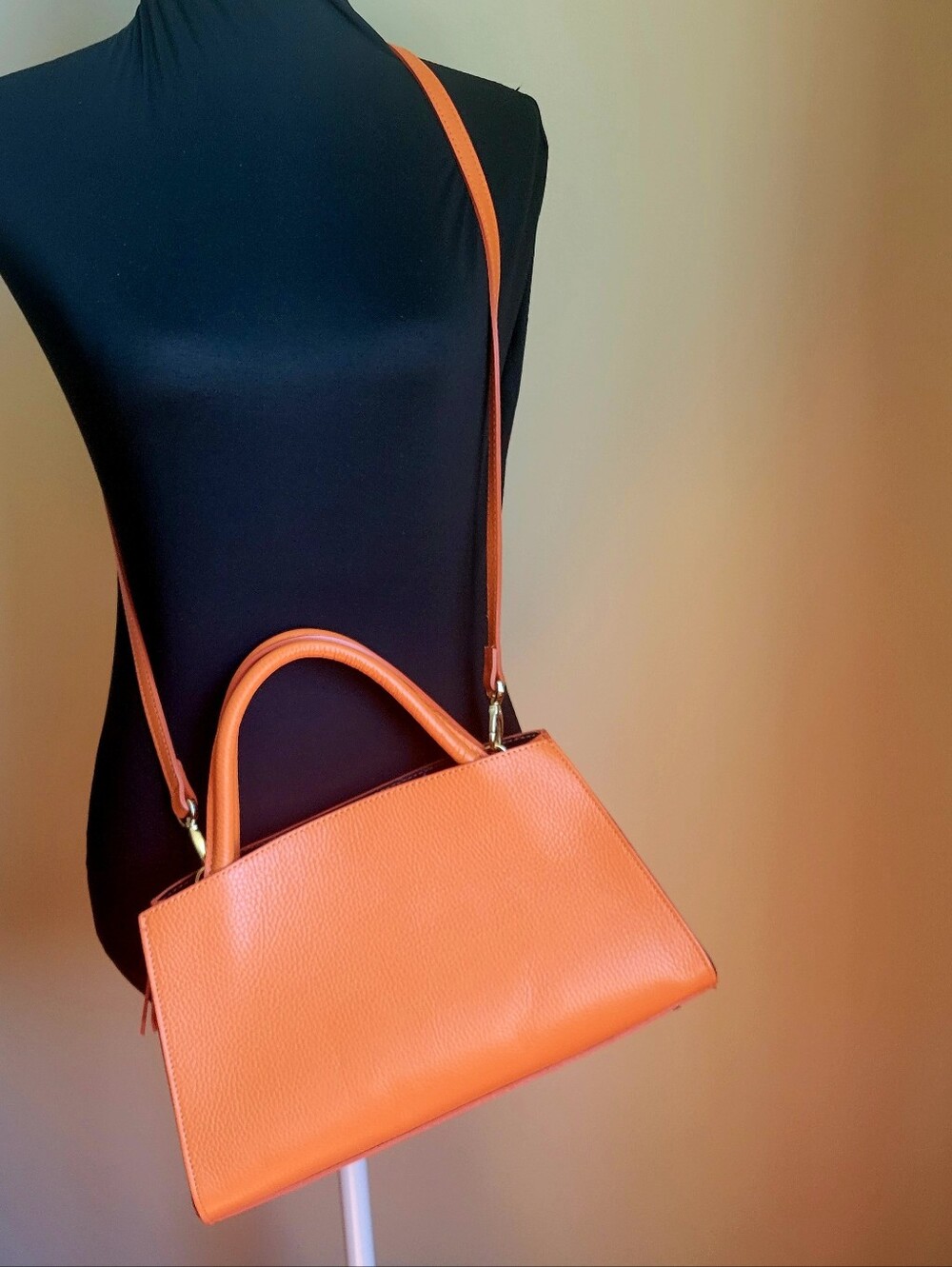 Classic Orange Leather Satchel with Top Handles
